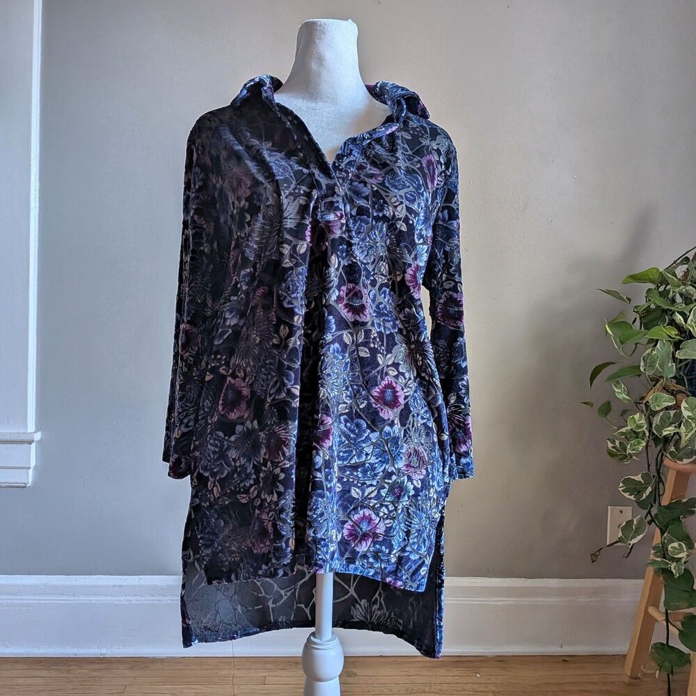 Vintage Y2K Rebecca Malone Blue Floral Velvet Top Whimsygoth Size Small